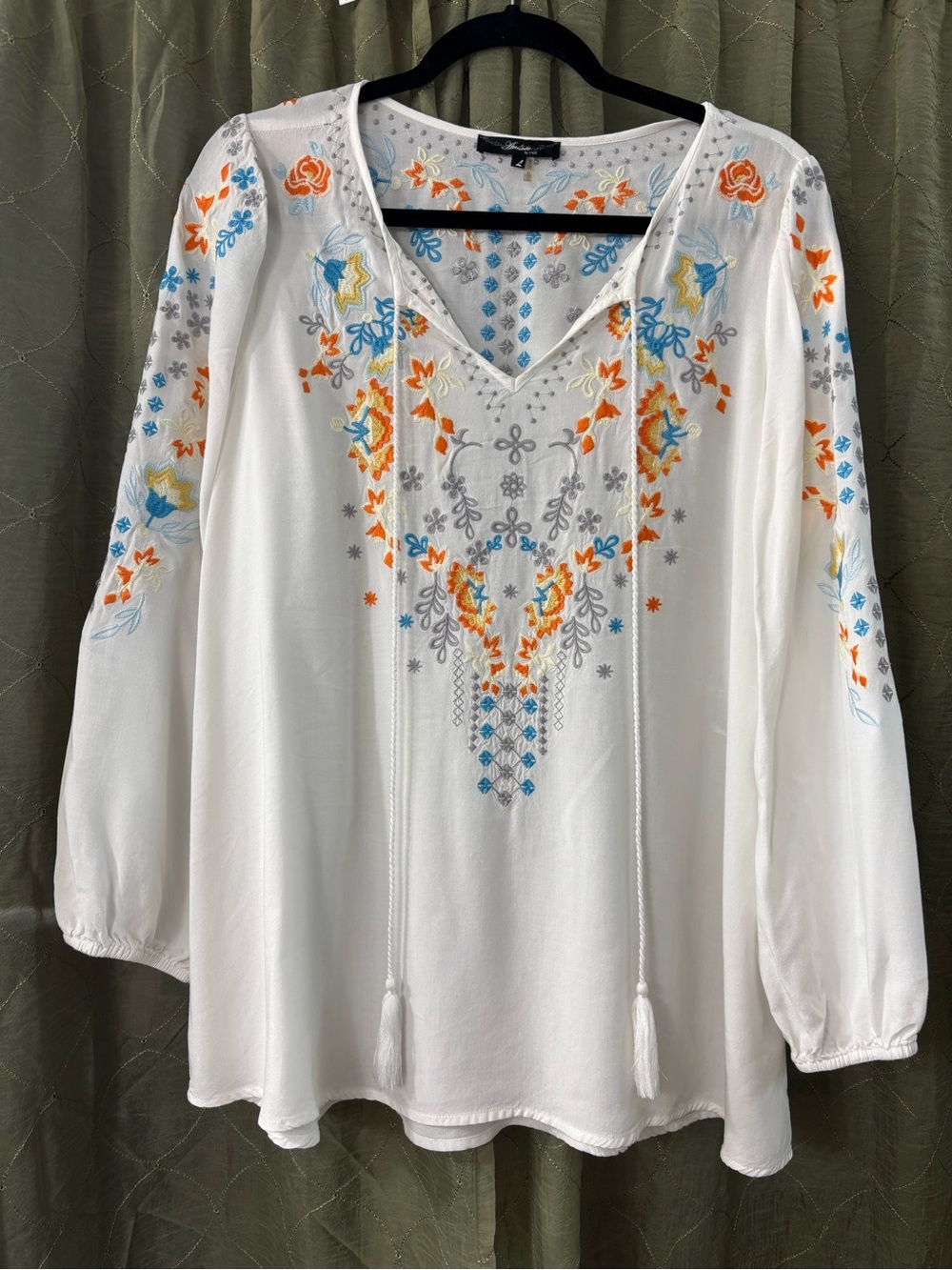 Andree White Embroidered V-Neck Tunic with Orange & Blue Floral Accents